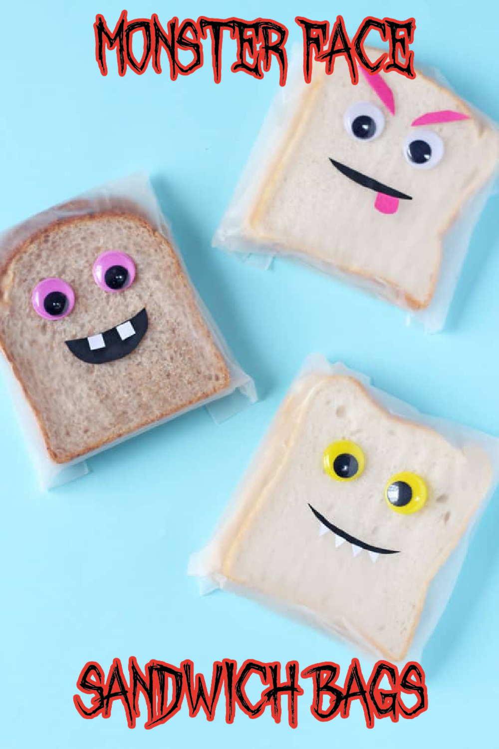 3 plastic sandwich bags containing sandwiches decorated to look like monster faces.