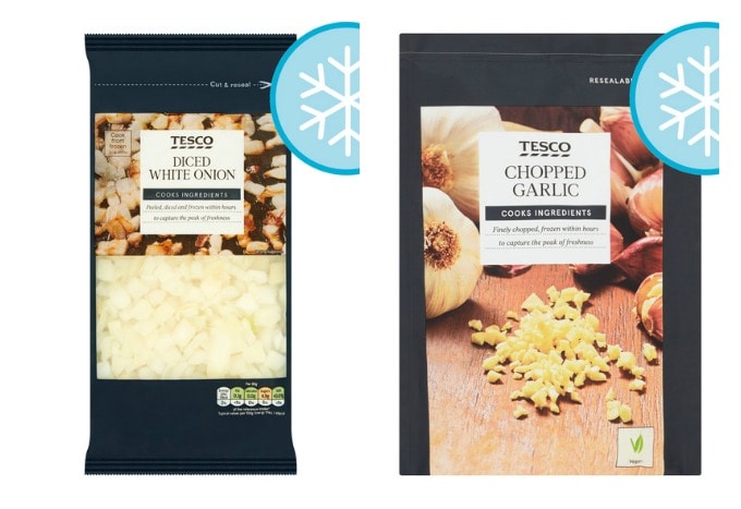 bags of frozen onion and frozen garlic