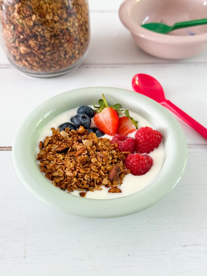 Healthy homemade granola served in a breakfast bowl with fresh fruit and greek yogurt.