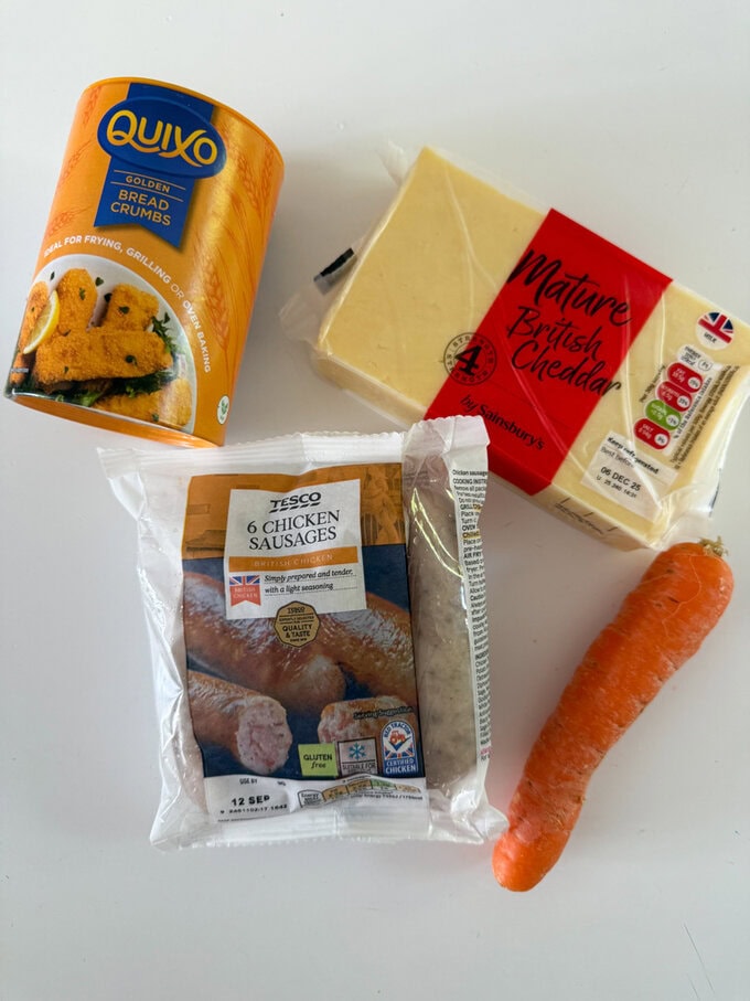 Ingredients laid out on kitchen worktop to make Chicken Sausage bites. 
